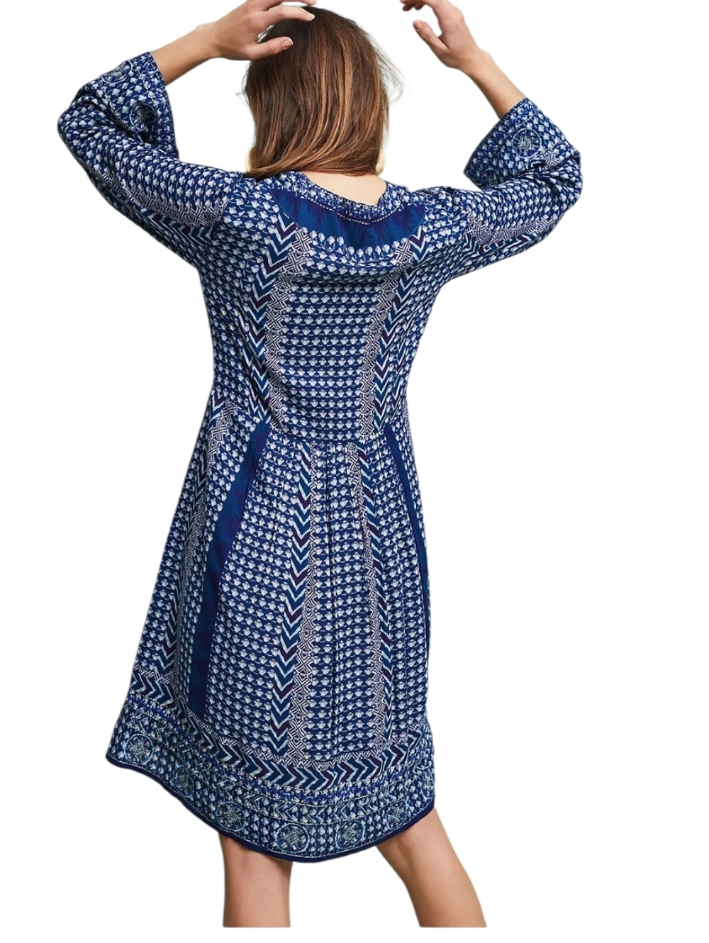Anthropologie Akemi + Kim Blue Printed V-Neck Long Sleeve Batik Dress, Large - Picture 11 of 11